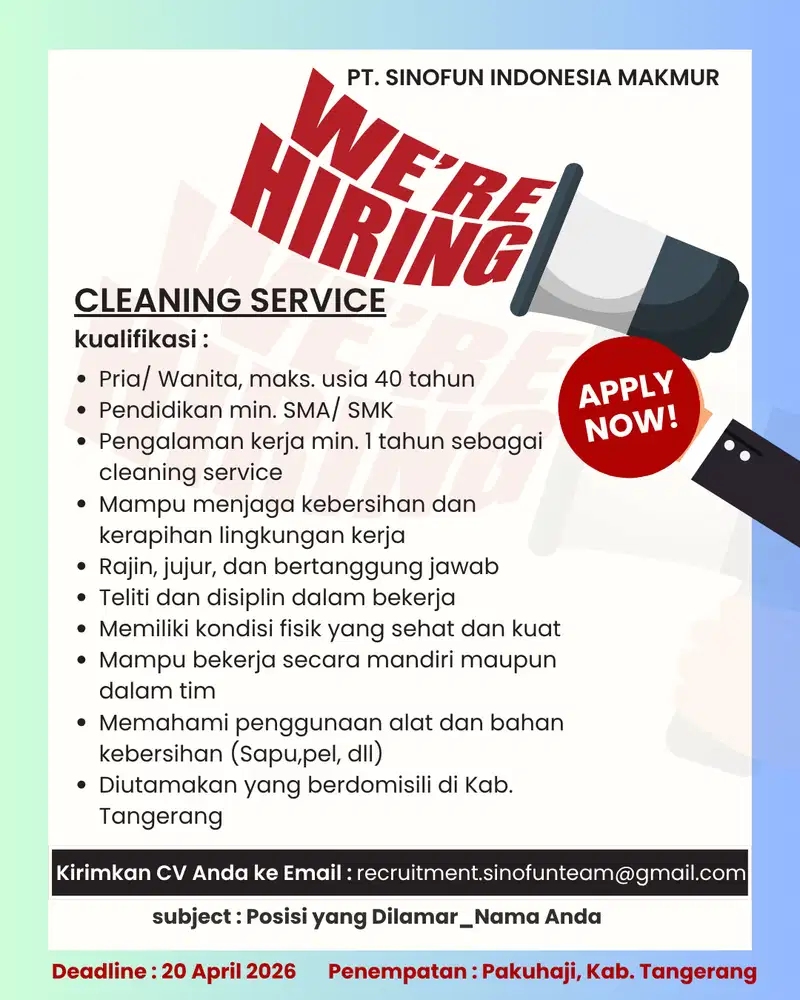 LOWONGAN KERJA CLEANING SERVICE! URGENT