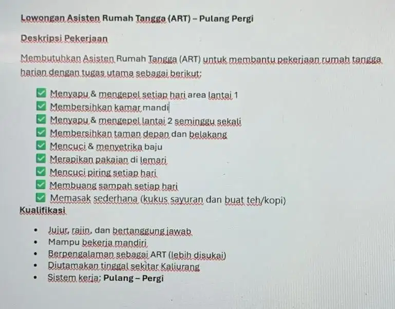 Lowongan- Asisten Rumah Tangga- Pulang Pergi