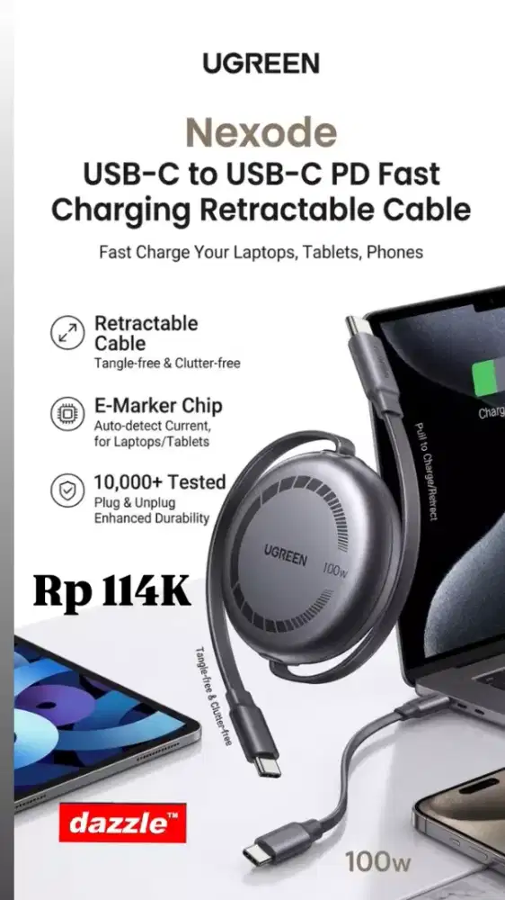 Kd ugreen retractable c to c 100 Watt 1m