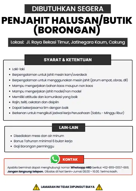 Lowongan Kerja Jahit Butik/Halusan Borongan Jakarta Timur