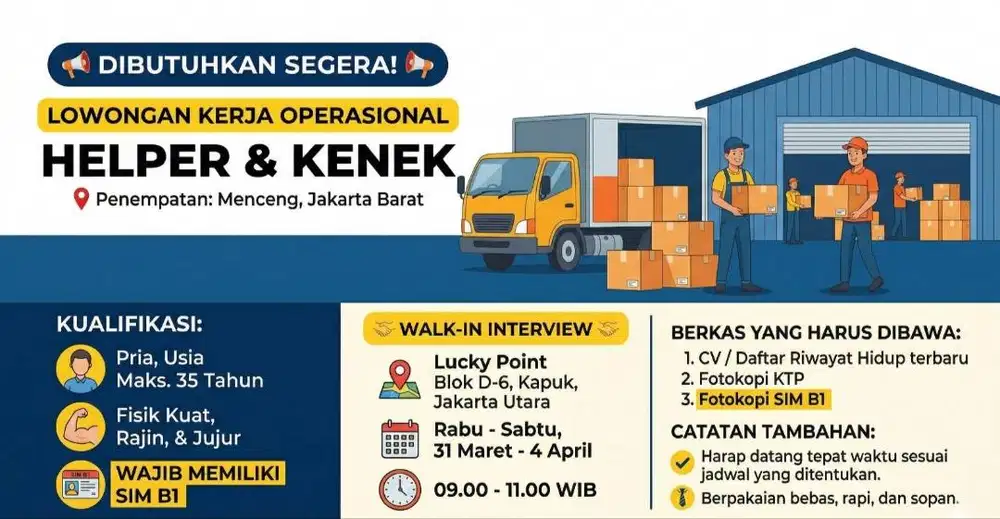 DIBUTUHKAN SEGERA! HELPER DAN KENEK. DATANG LANGSUNG INTERVIEW