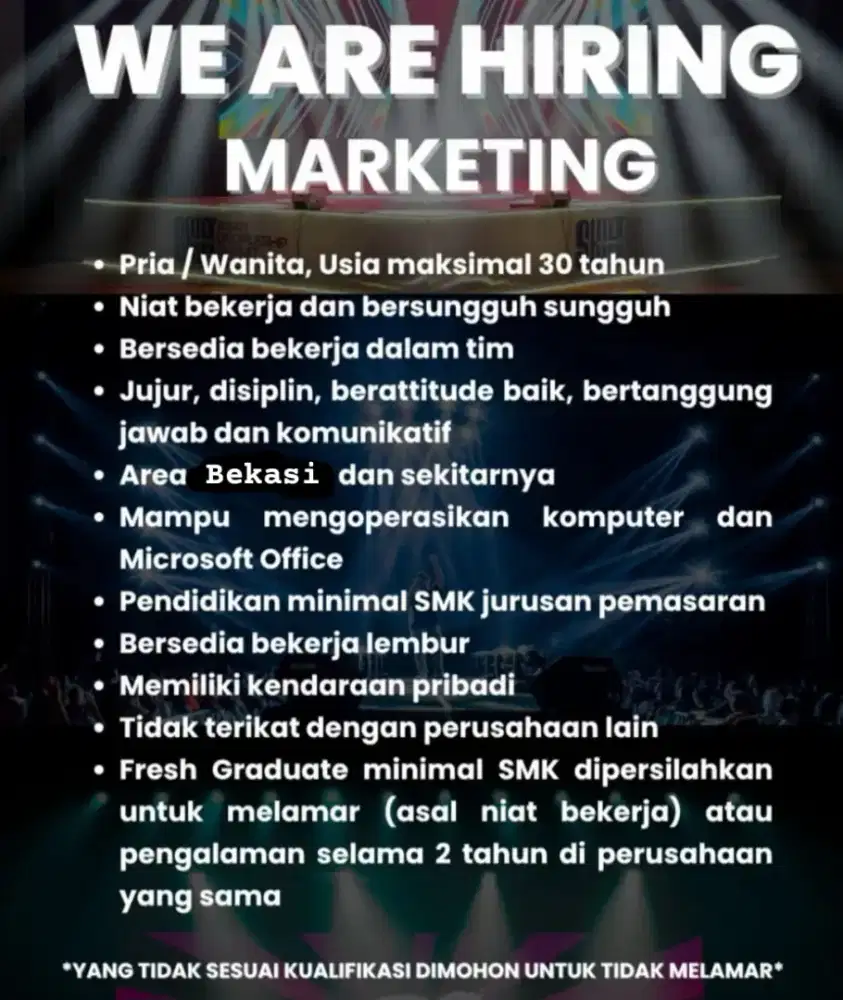 Marketing sales 
Barang elektronik peralatan pesta sewa dan jual