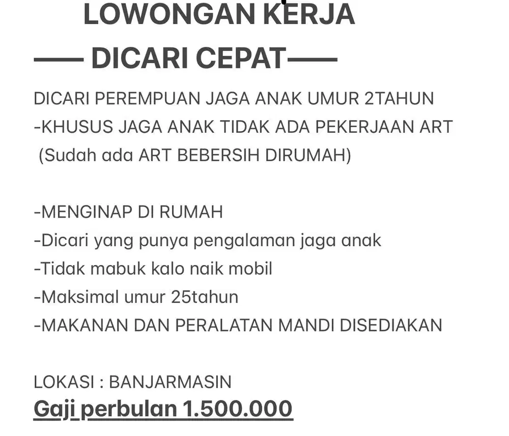 LOWONGAN KERJA UNTUK 2orang WANITA BELUM MENIKAH