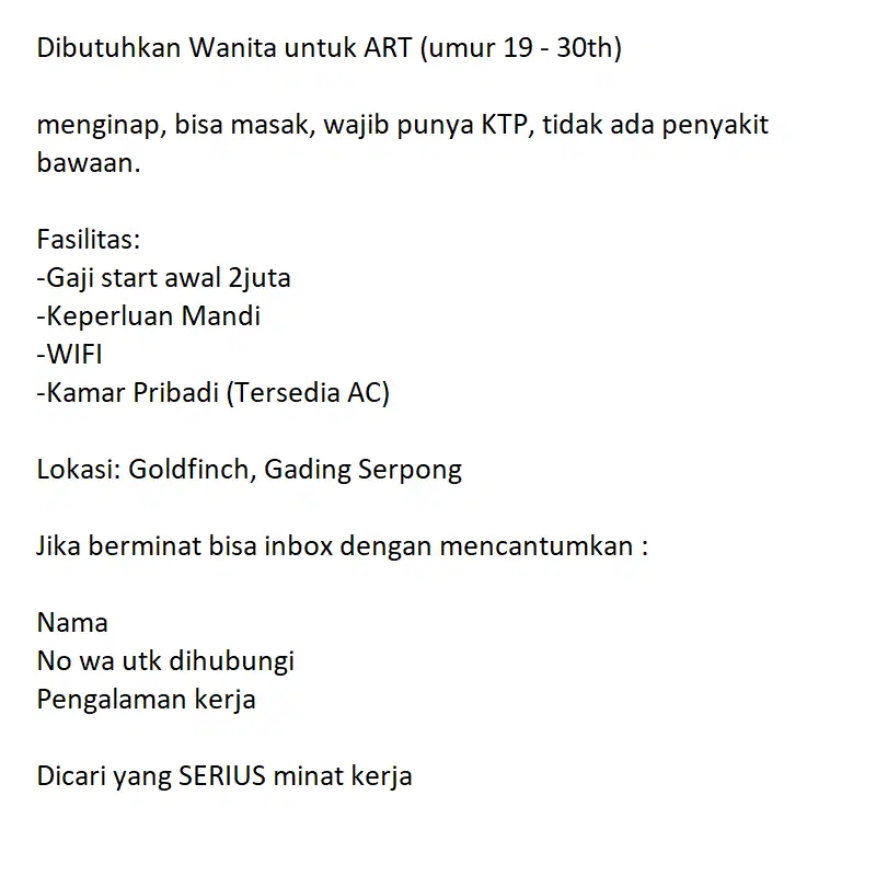 Dibutuhkan Wanita untuk ART (umur 19 - 30th) menginap, bisa masak