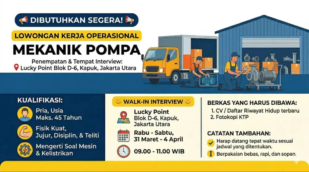 DIBUTUHKAN SEGERA MEKANIK POMPA AIR! LANGSUNG DATANG INTERVIEW!