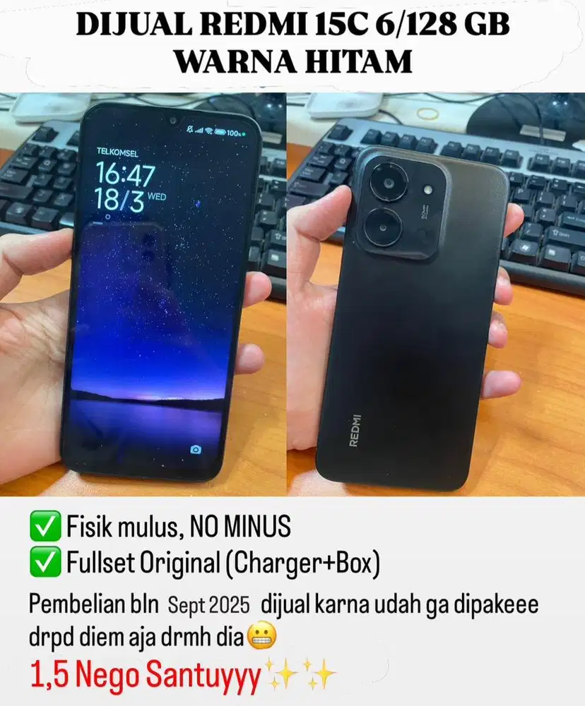 XIAOMI REDMI 15C 6/128 HITAM MULUS NO MINUS