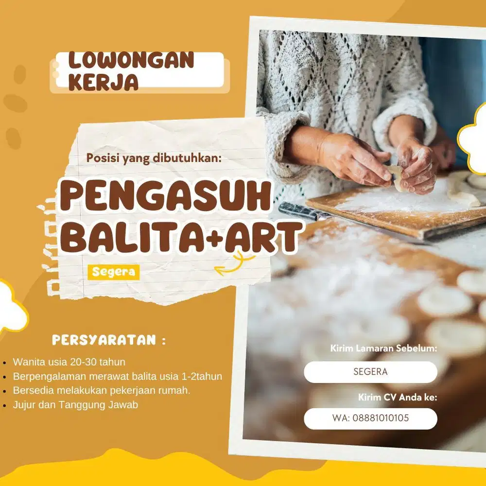 Dibutuhkan segera pengasuh anak usia 1,6 thn merangkap