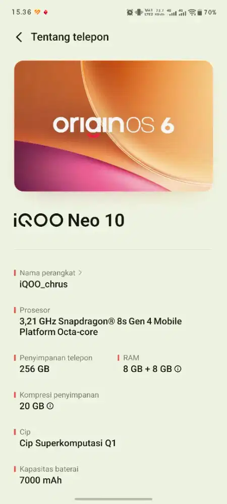 Iqoo Neo 10 5G Ram 8+8 GB/256 GB Internal