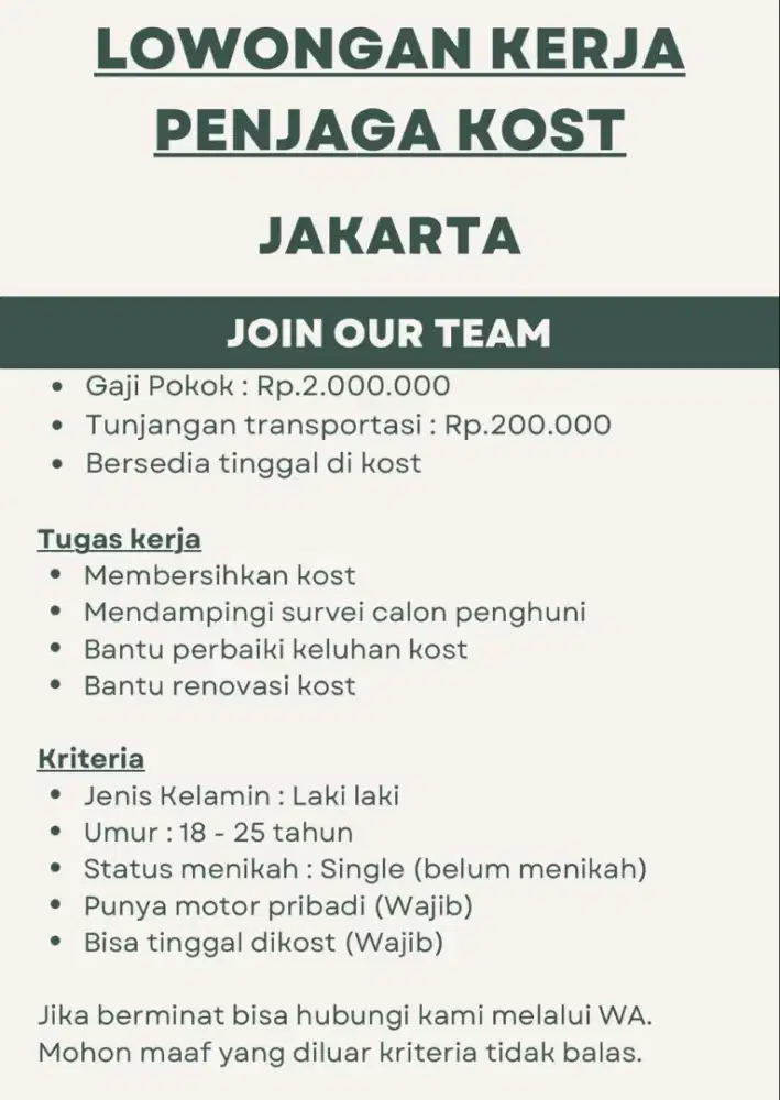 Lowongan Kerja Loker | Penjaga Kos Kost di Pasar Baru
