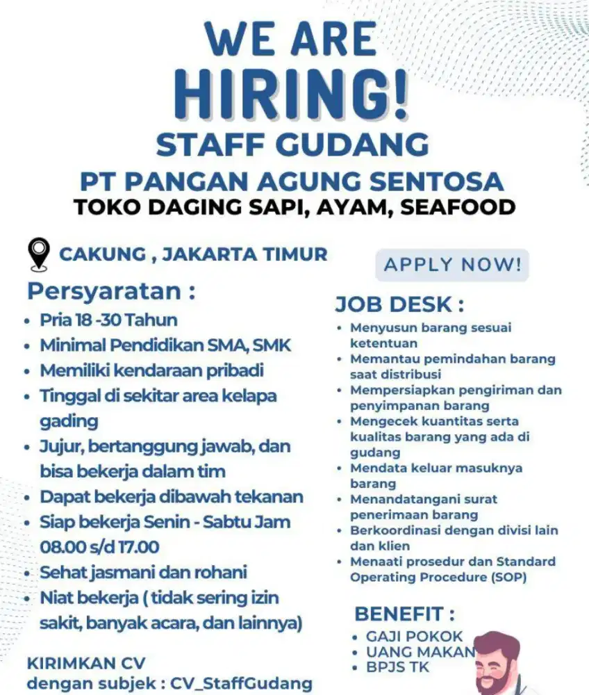 DIBUTUHKAN TENAGA KERJA PRIA UNTUK STAFF GUDANG FROZEN FOOD / DAGING