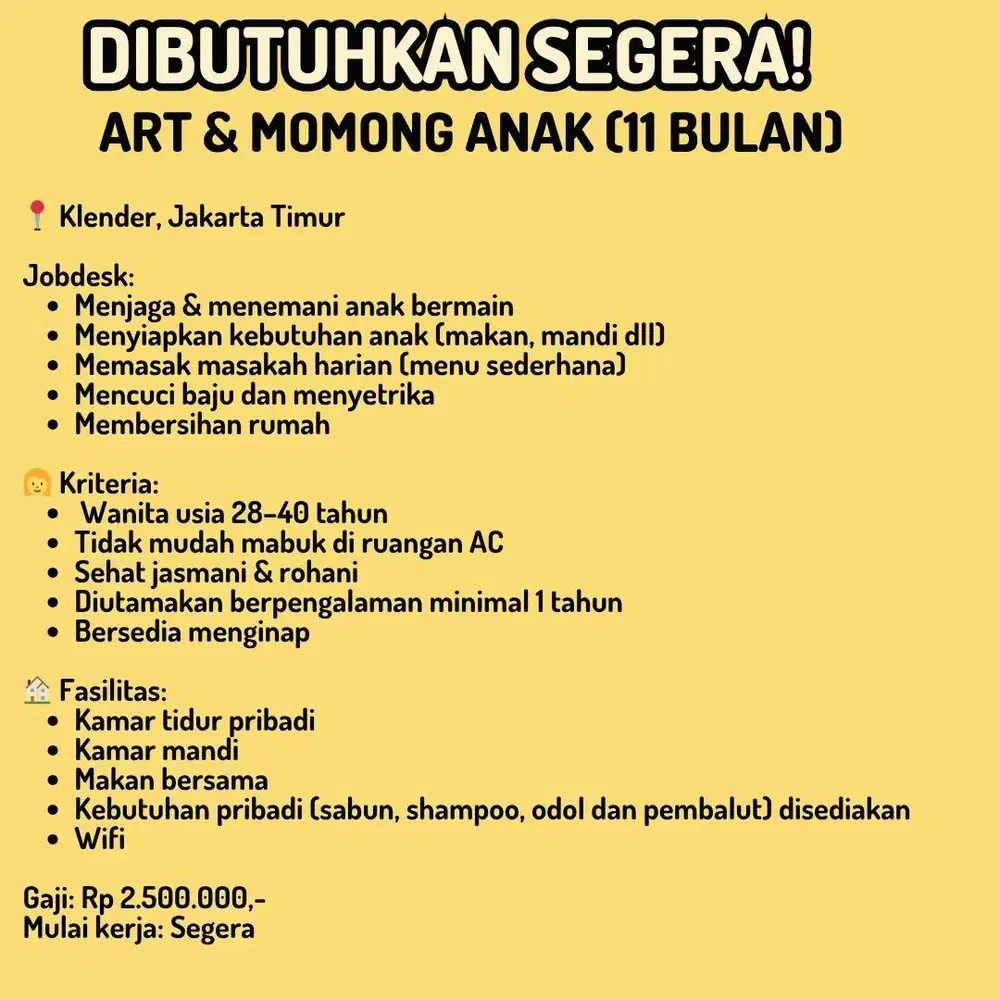 Butuh secepatnya ART serabutan