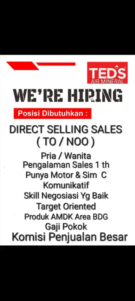 DIBUTUHKAN SGR : 5 ORG SALES P/W (PENGALAMAN)