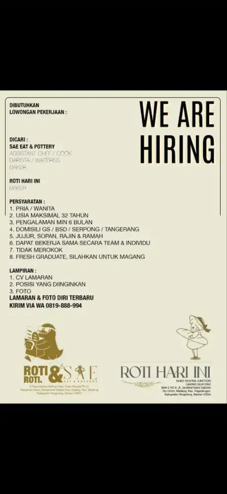 Dicari Barista & Bakers