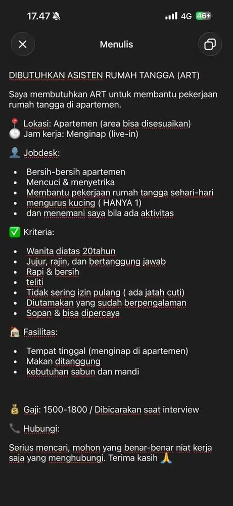 Lowongan ART rumah (perempuan)