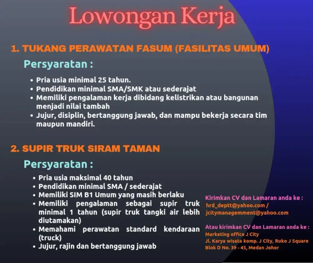 Lowongan kerja driver truk siram dan tukang perbaikan fasilitas umum