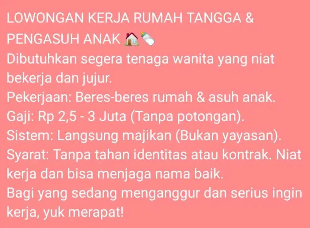 Lowongan kerja Asisten Rumah Tangga & Baby Sitter