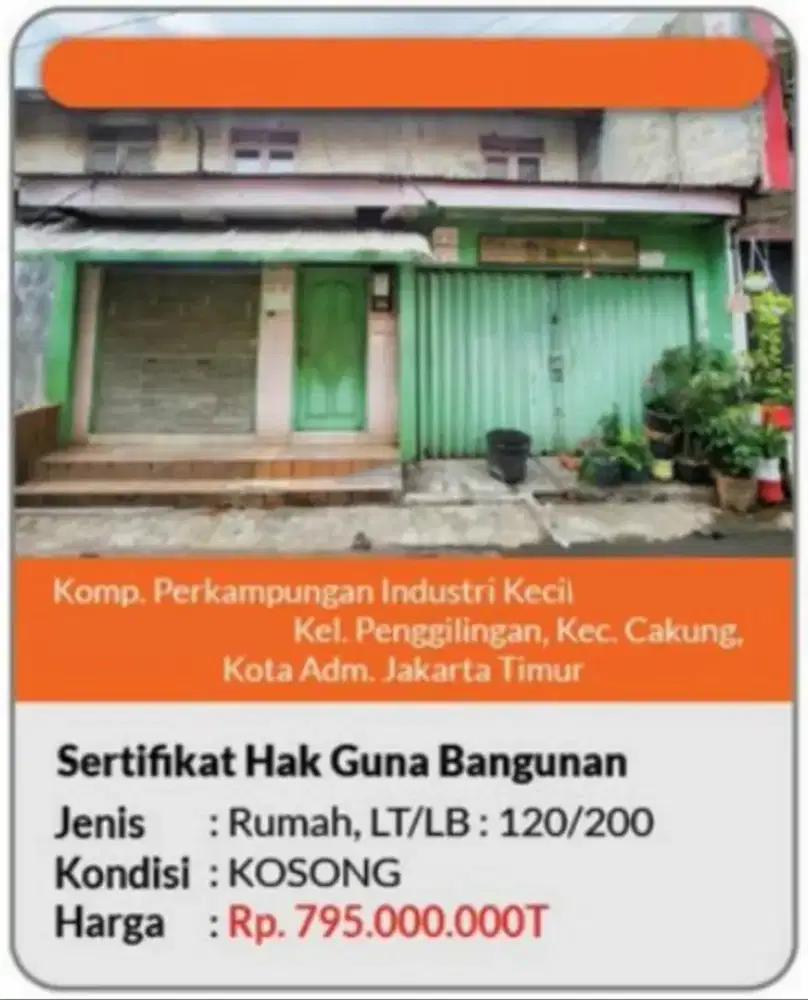 Dijual Ruko Kompleks Perkampungan Industri Kecil