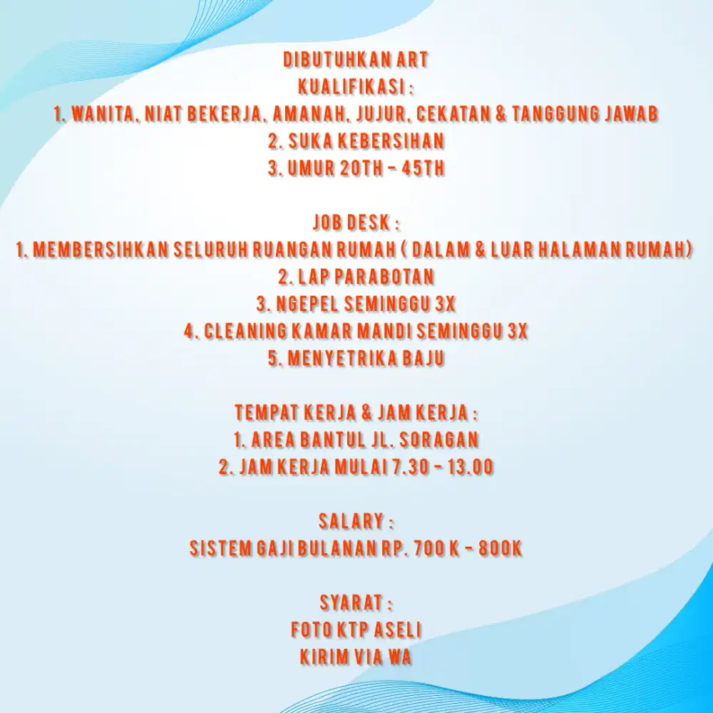 Dibutuhkan ART Paruh Waktu