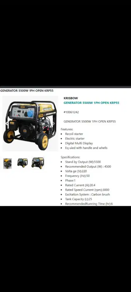 Genset KRISBOW 5500 1PH OPEN KRP55