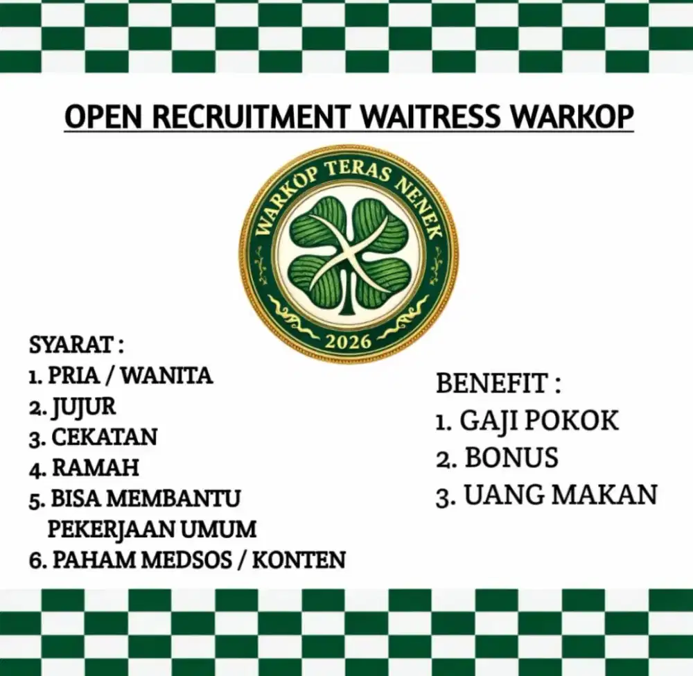 di cari karyawati untuk jaga warkop di daerah bekasi timur