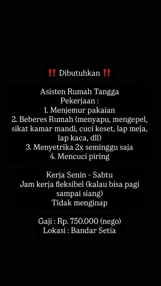 DIBUTUHKAN ASISTEN RUMAH TANGGA