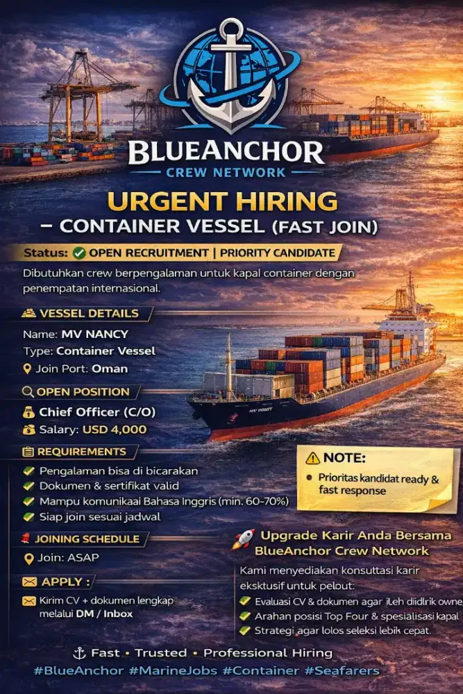 Urgent Hiring Seaman : Master, CO, CE, ETO (Blue Anchor Crew Network)