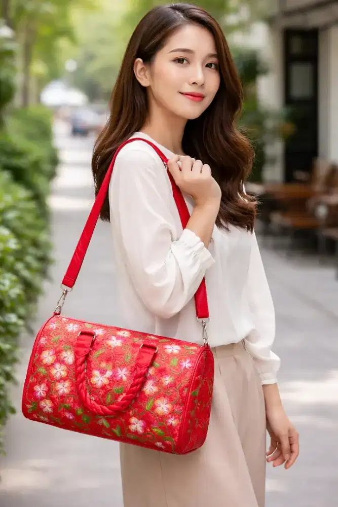 Travel Bag Bordir Motif Bunga Warna Merah