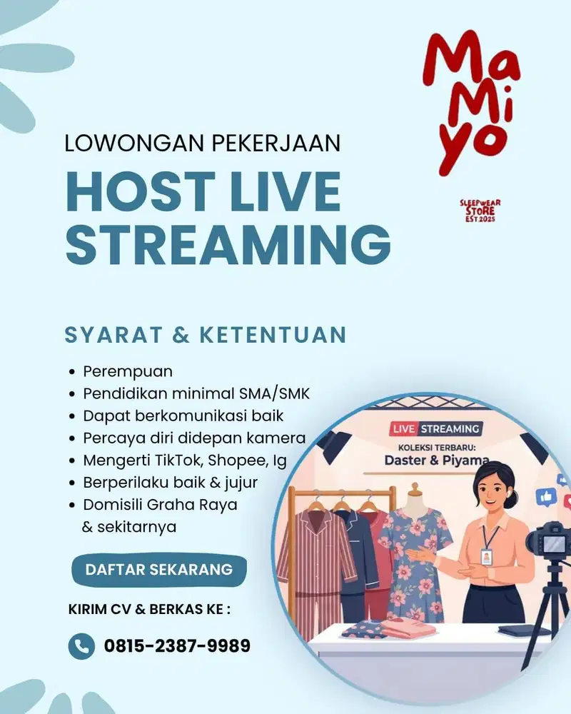 Dibutuhkan Host Live Toko Baju Sleepwear
