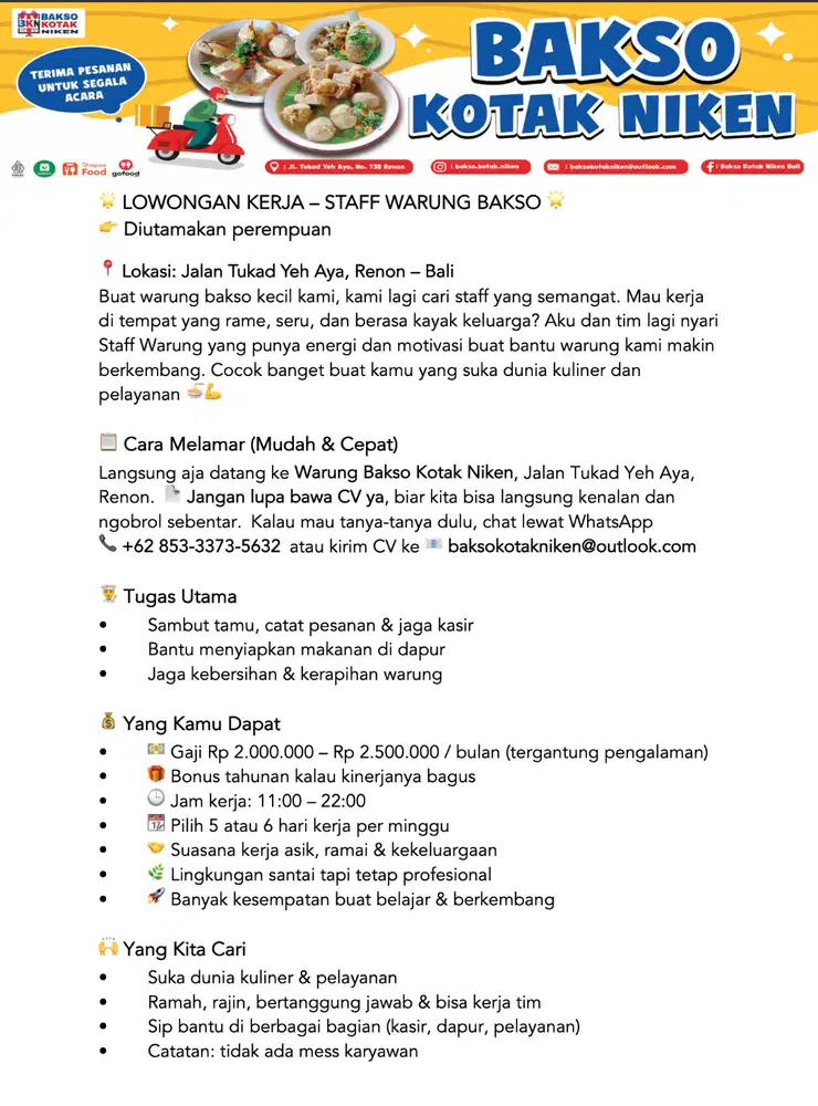 LOWONGAN KERJA – STAFF WARUNG BAKSO