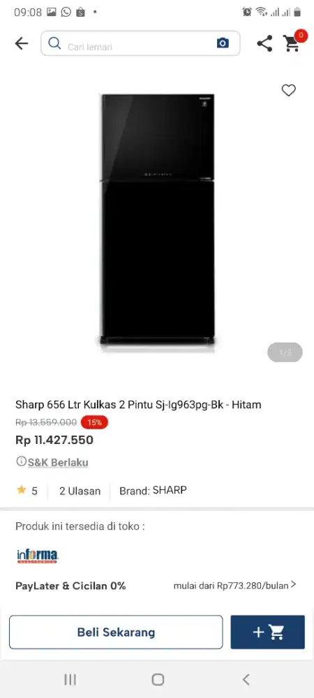 Ready sharp kulkas 2pintu tempred