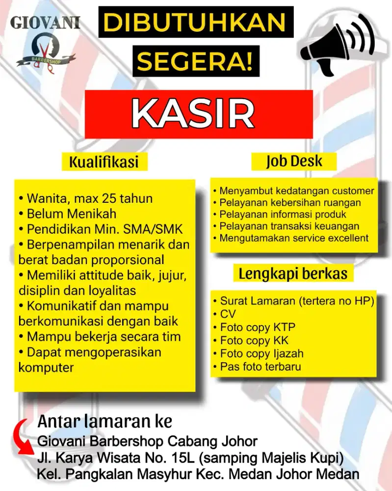 Lowongan Kerja Kasir Giovani Barbershop Johor