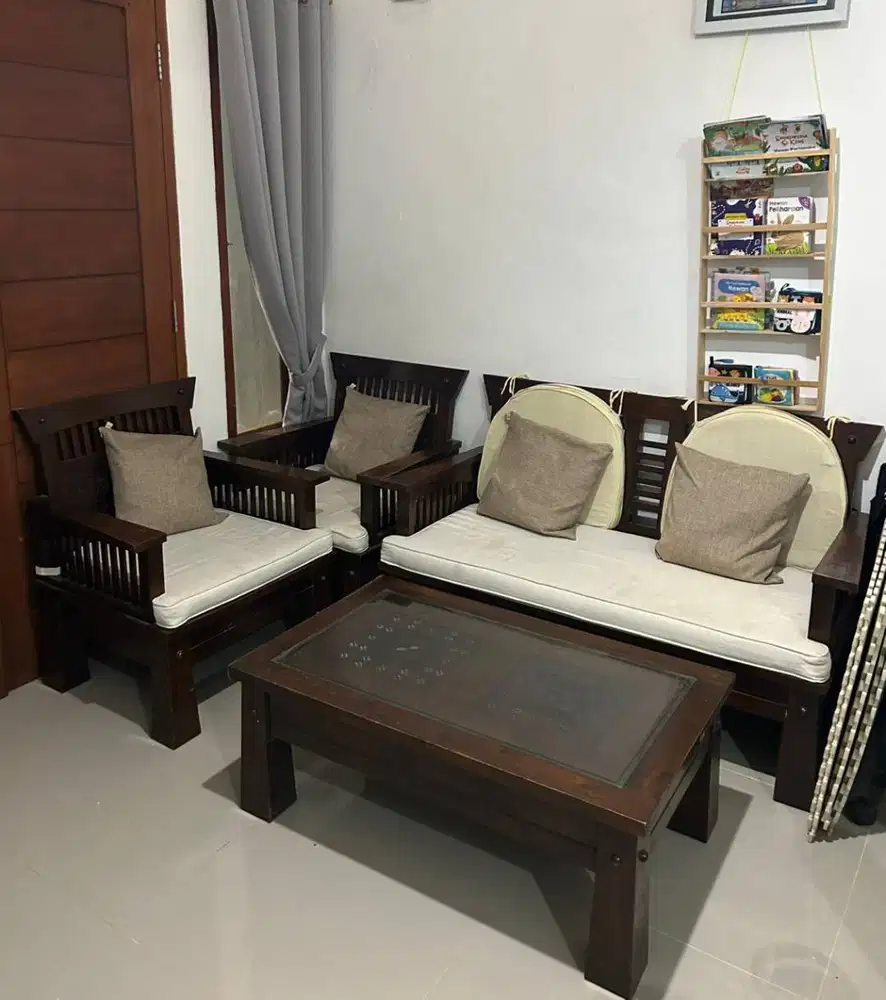 Kursi Tamu Kayu Jati Set (Sofa + 2 Kursi + Meja) Minimalis Kokoh