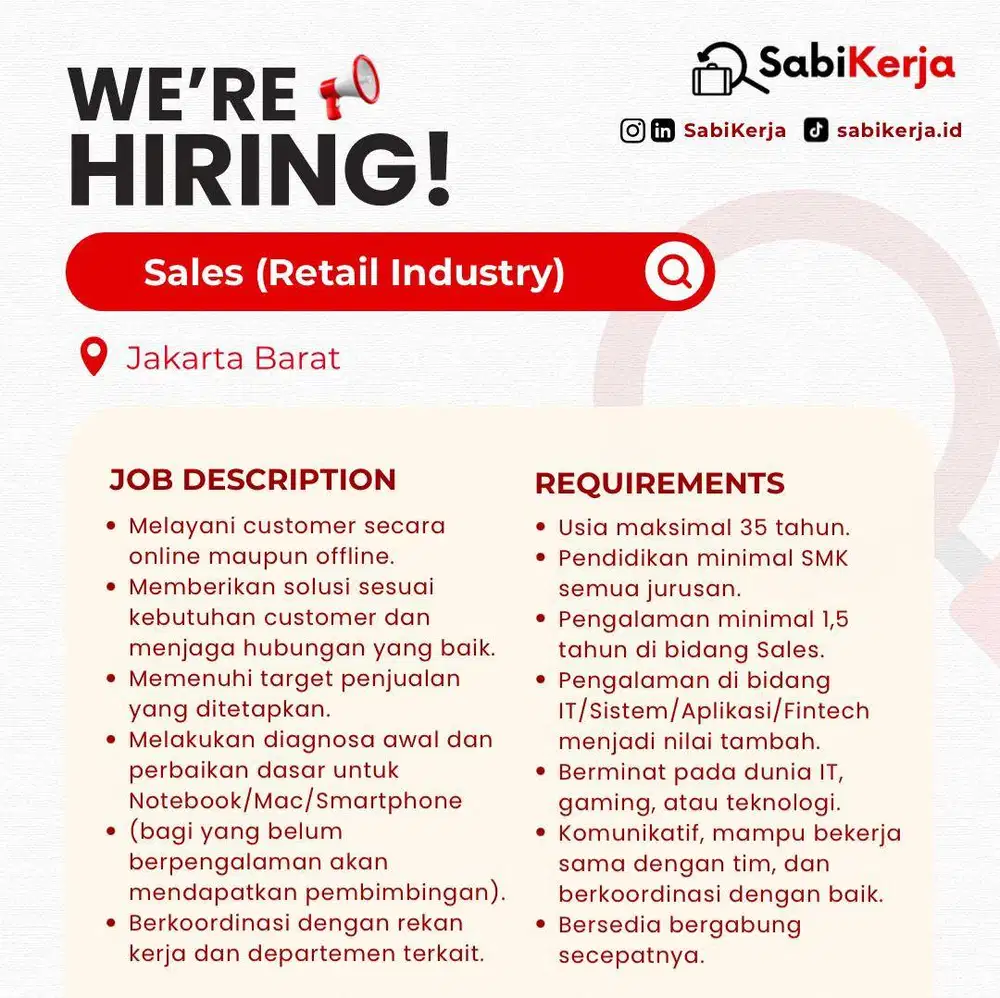 URGENT HIRING NOW! [Sales] dengan Benefit Lengkap