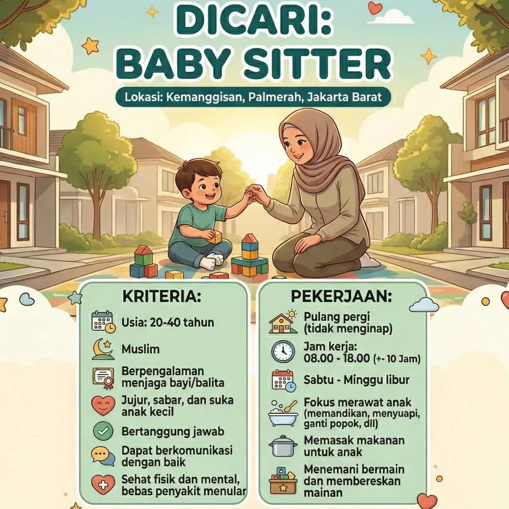 Cari Babysitter Pulang Pergi (Jam Kerja) - Kemanggisan Palmerah Jakbar