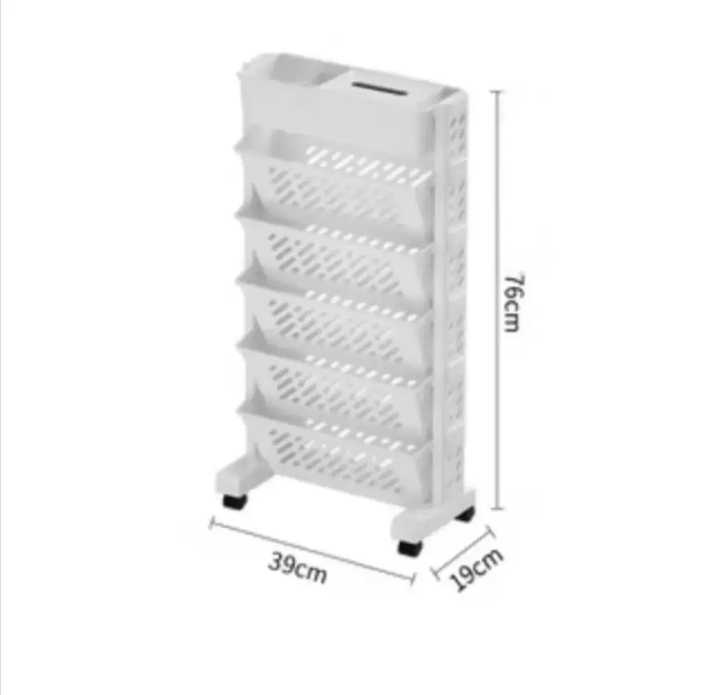 Rak buku plastik putih portable serba guna 5 dengan roda & tempat tisu