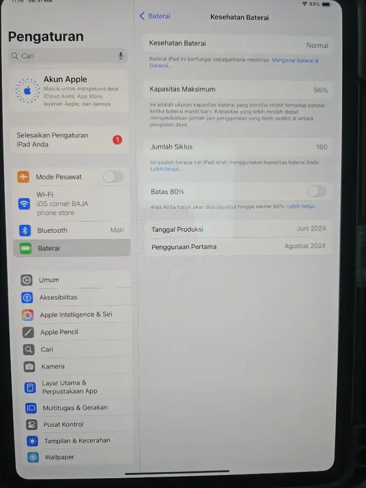 iPad pro M4 2024 11 inci ibox PAA 256gb HB 96% CC 160