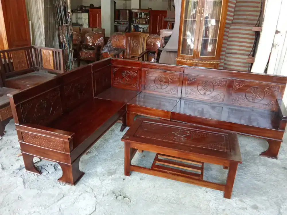 Kursi tamu kayu jati model minimalis sudut L finishing clear gloss