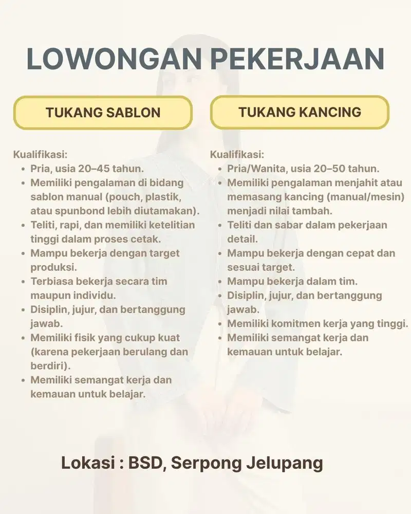 DIBUTUHKAN SEGERA TUKANG SABLON POUCH/SPUNBOND DAN TUKANG KANCING