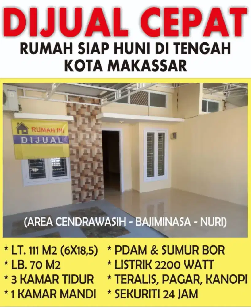 Dijual Rumah Siap Huni Tengah Kota Dkat Jl.Nuri & Cendrawasih Makassar