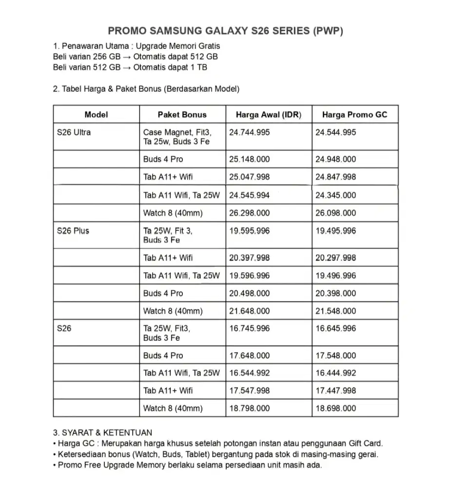 CICILAN 0% DP 0% SAMSUNG S26 FREE UPGRADE MEMORY DAPAT 512GB