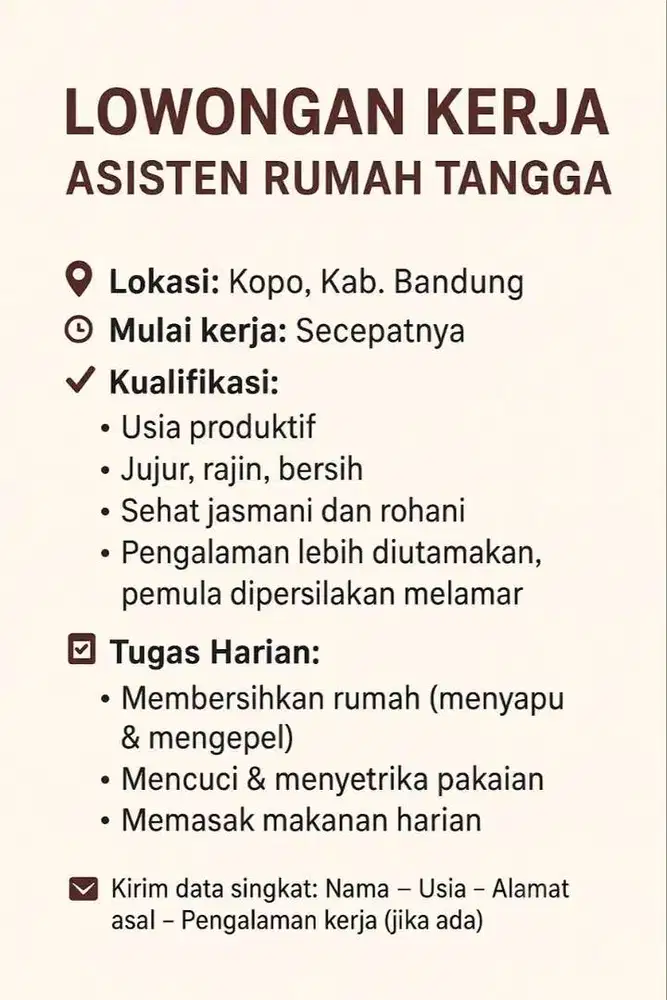 Lowongan Kerja Asisten Rumah Tangga (ART/PRT) Kopo Bandung