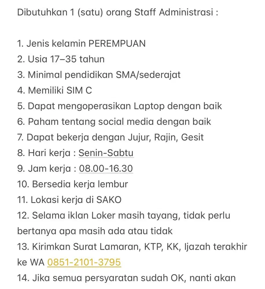 LOKER utk STAFF ADMINISTRASI dan bagian GUDANG