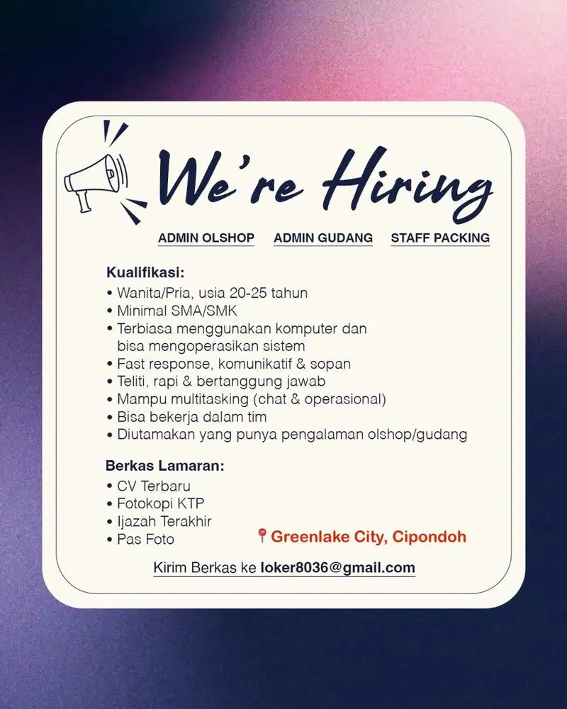 DICARI ADMIN OLSHOP & ADMIN GUDANG & STAFF PACKING