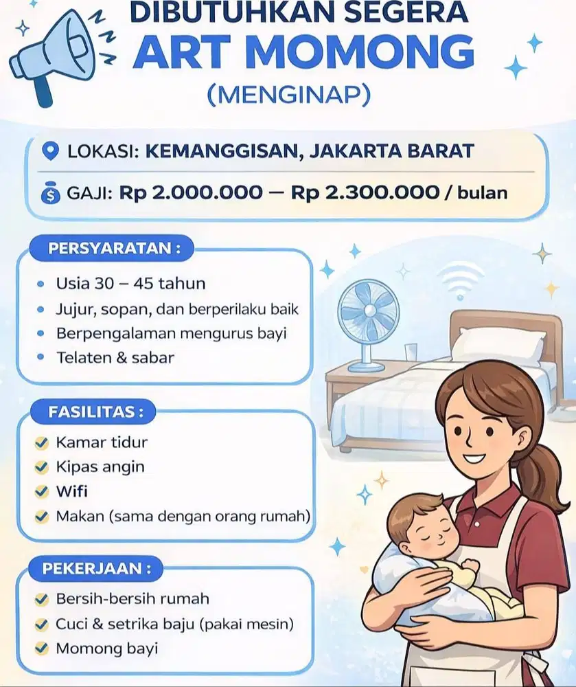 Dicari Momong ART di Kemanggisan, Jakarta Barat