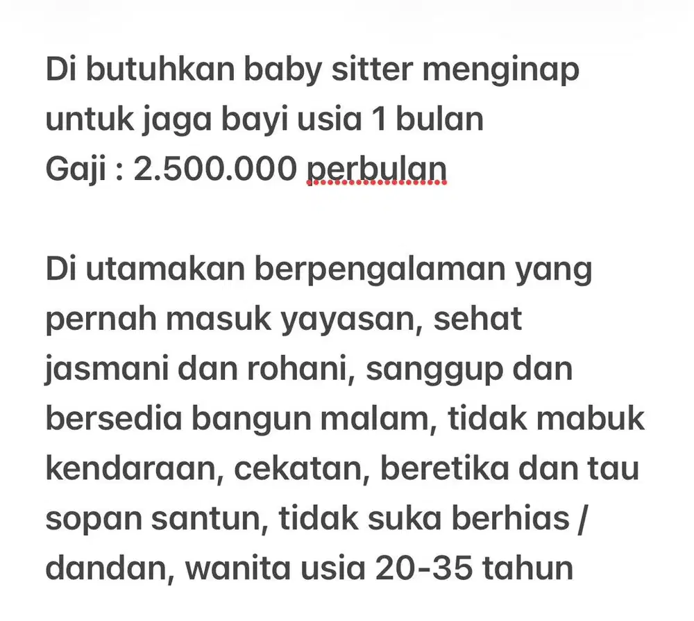 Di butuhkan babysitter bayi 1 bulan