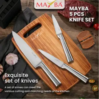 Pisau Set MAYBA 5PCS Bonus Talenan Plastik Tebal + Pengasah Premium
