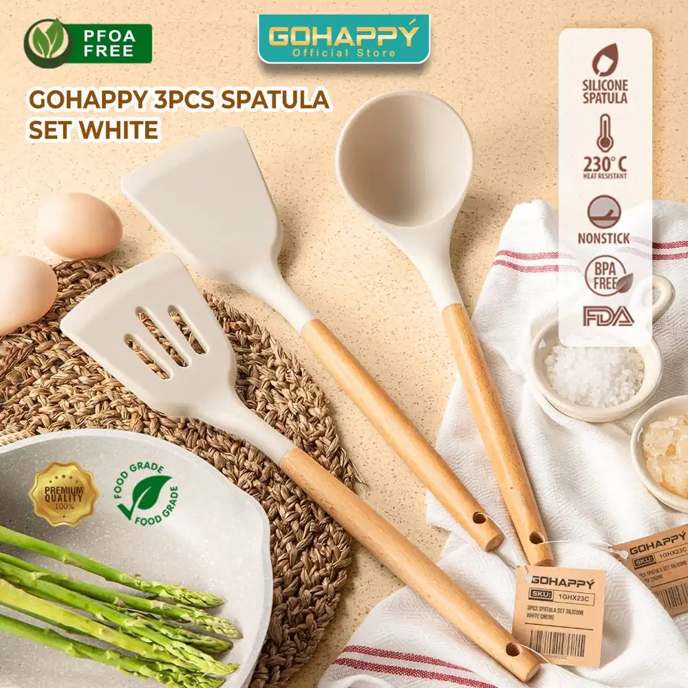 GOHAPPY Set Spatula Silicone 3 PCS Putih Creme - Sutil Kayu Anti Gores
