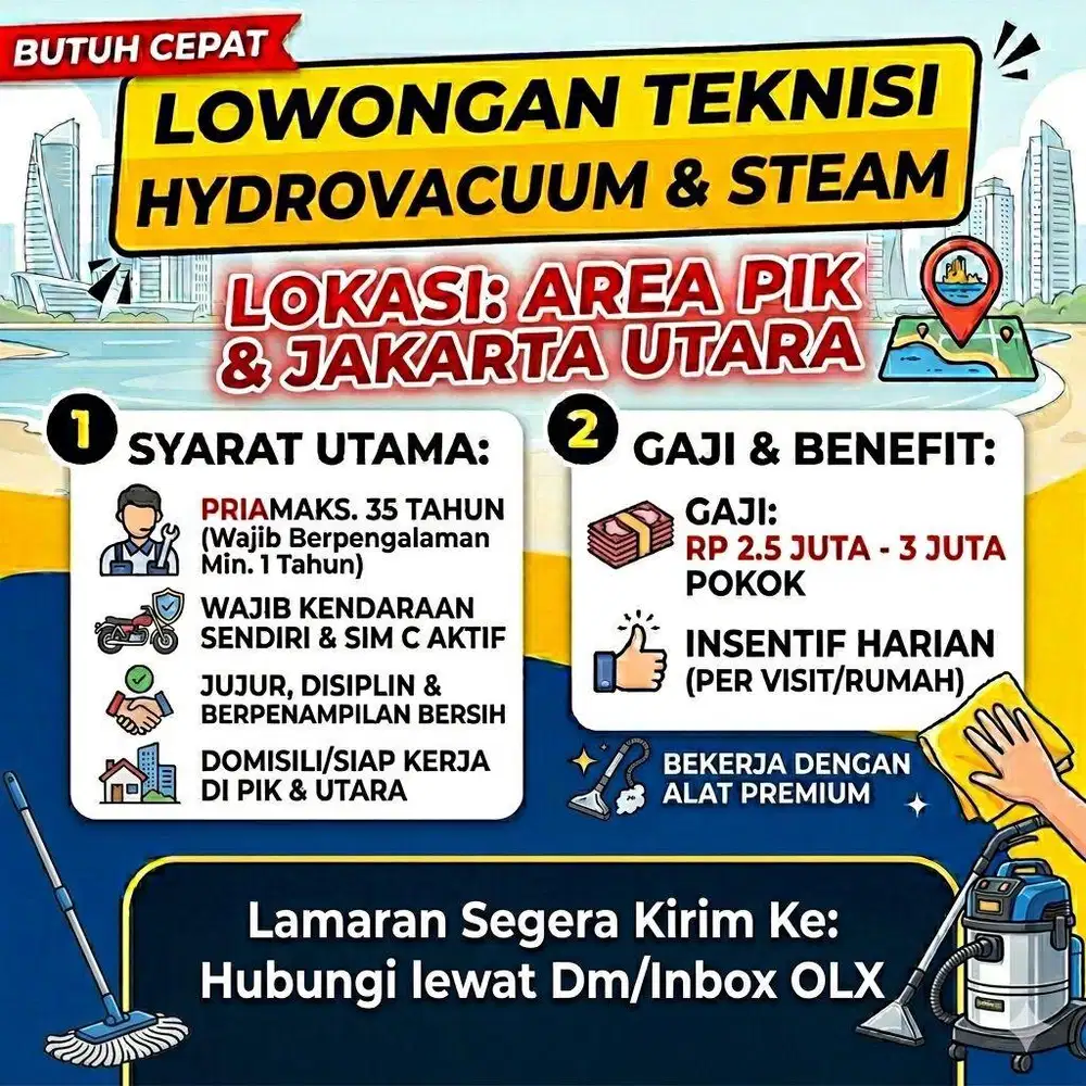 Dibutuhkan Cleaning Service Full time (insentif menarik)