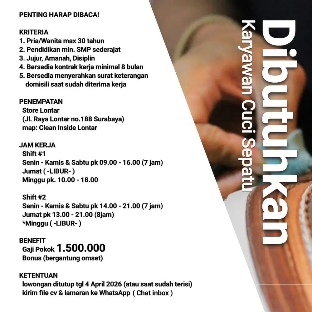 Dibutuhkan Karyawan Cuci Sepatu