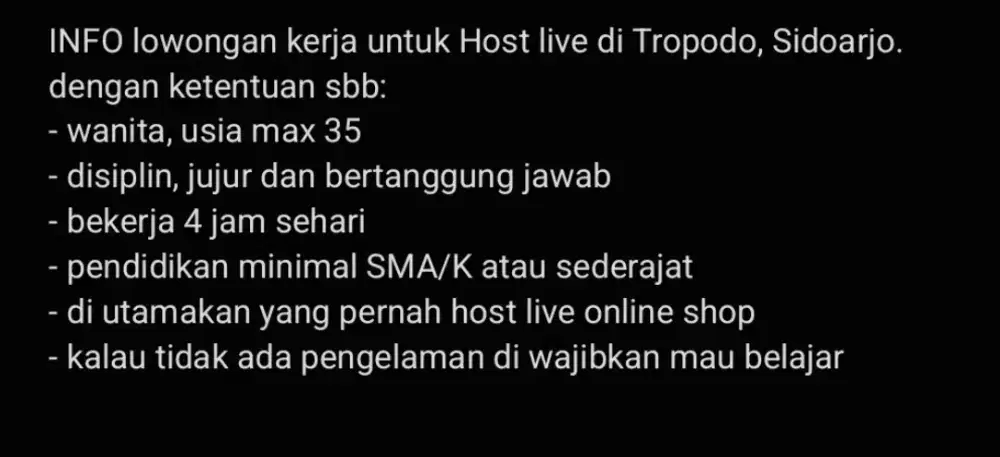 INFO lowongan kerja untuk Host live di Tropodo, Sidoarjo.
